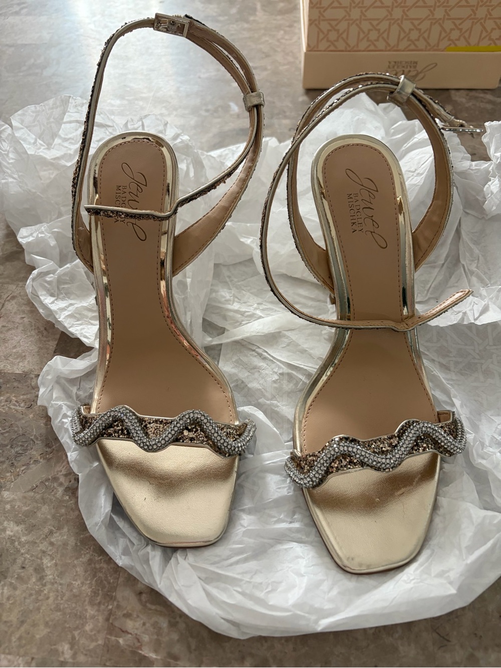 Jewel Badgley Mischka Metallic Gold Crystal-Wave Ankle Strap Heels